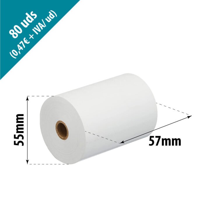 Caja de 80 rollos papel térmico  57 x 55 mm Sin Bisfenol - Imagen 2